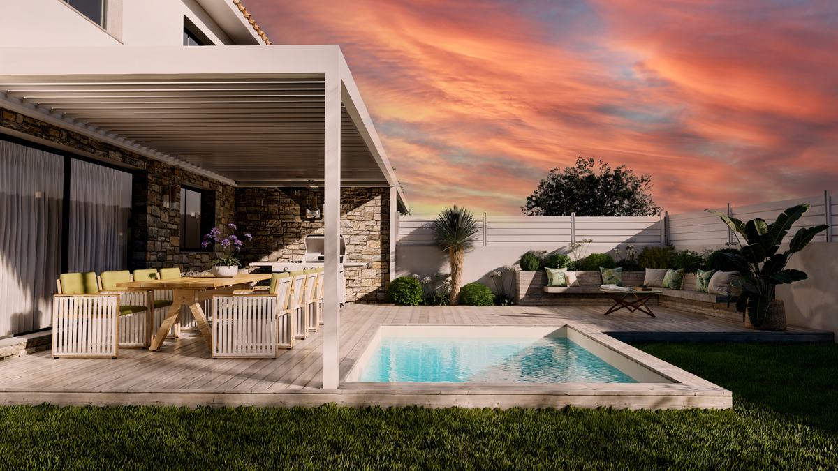 Terrasse et pergola au coucher du soleil