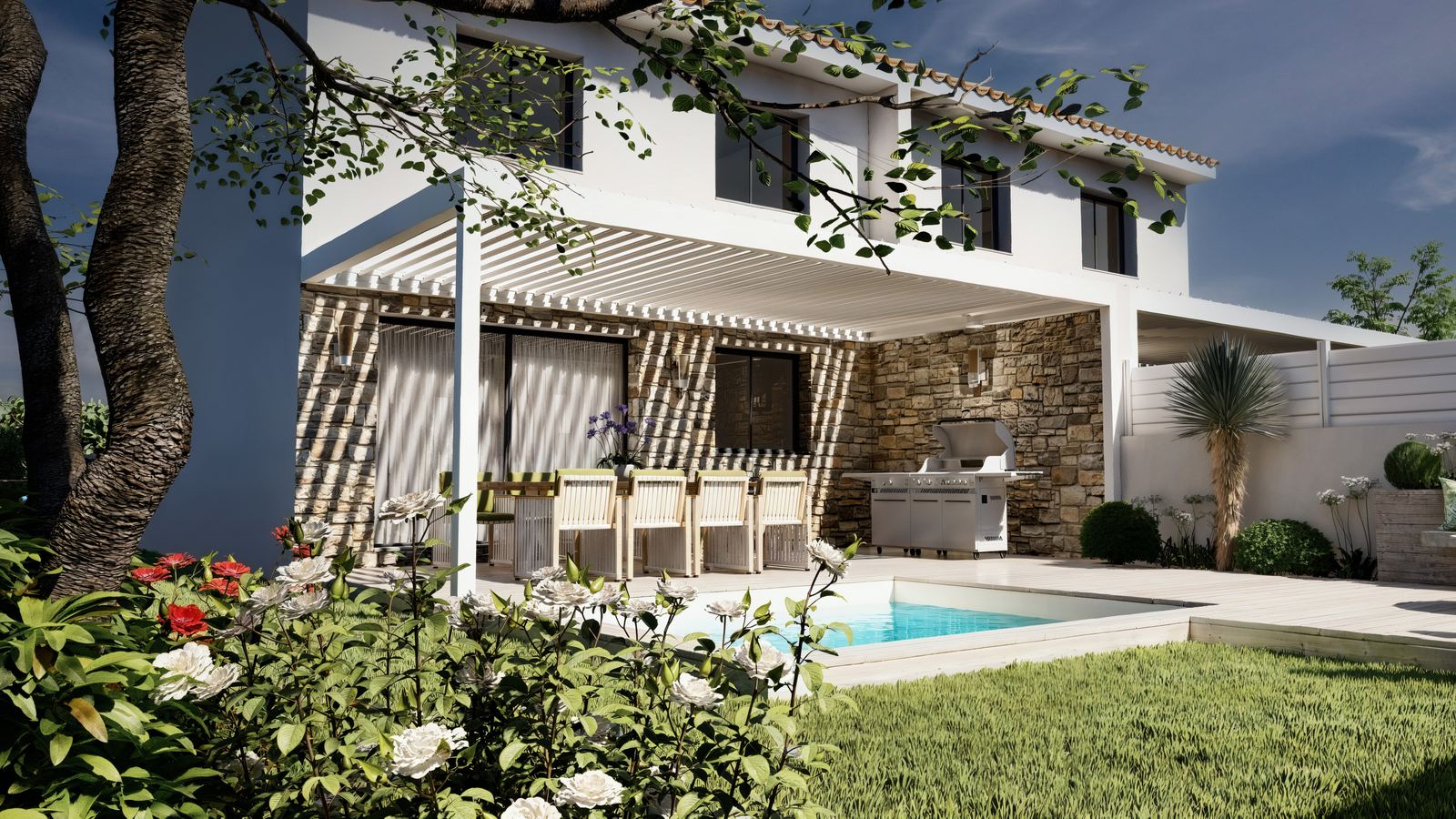 Maison mitoyenne : façade pierre, pergola et piscine privative